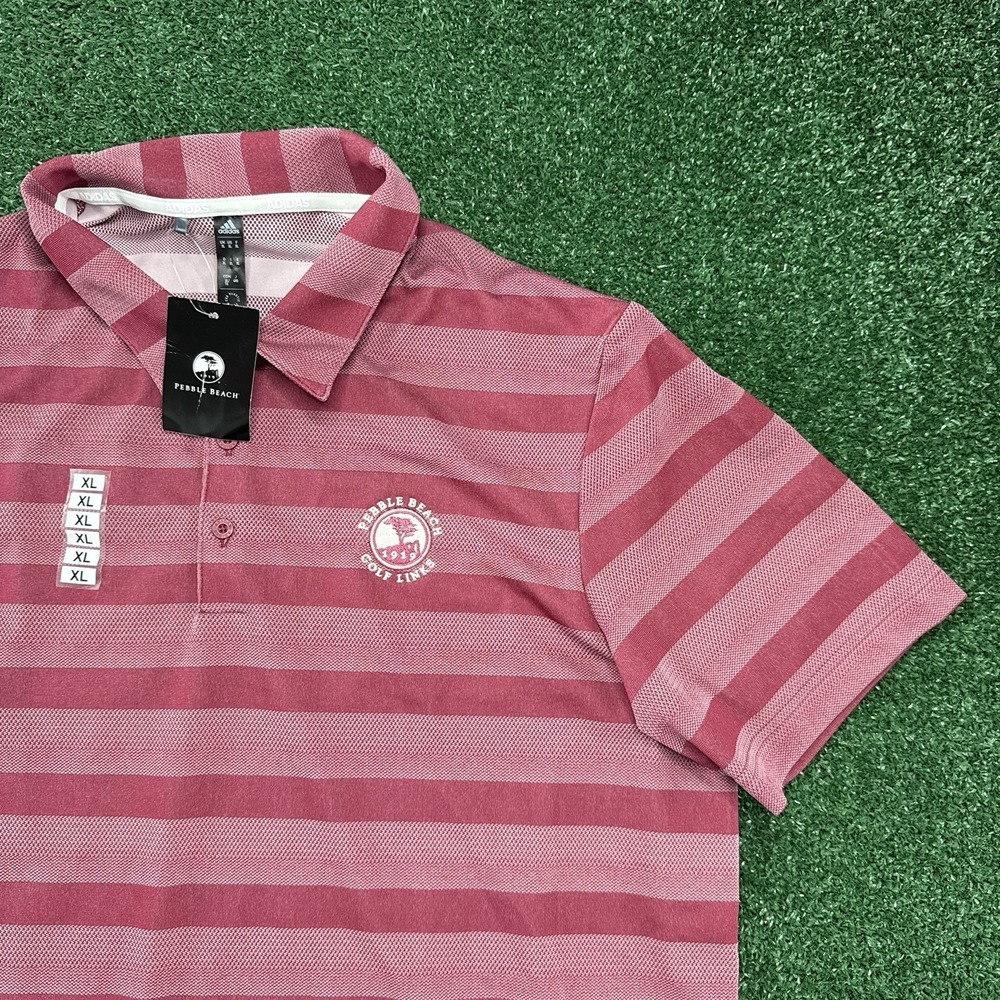 New Adidas Pebble Beach Golf Polo Men's Short Sleeve Shirt Striped Pink XL